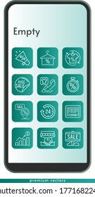 leere Symbolmenge. Handshake, Megaphone, Gewinne, Verkauf, 24 Stunden, Shirt, Handtuch, Telefonanruf, Platzhalter, Barcode, Stopp-Uhr-Symbole auf telefonischem Design-Hintergrund . lineare Stile.