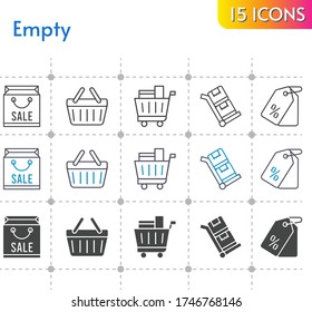 empty icon set. included shopping bag, price tag, shopping cart, shopping-basket, shopping basket, trolley icons on white background. linear, bicolor, filled styles.