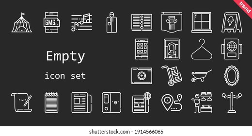 empty icon set. line icon style. empty related icons such as newspaper, wheelbarrow, parchment, tent, note, mirror, rack, smartphone, notepad, sign, portable, packs, picture, folder, passport