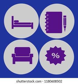 empty icon. empty vector icons set bed, notebook pencil, discount tag and armchair