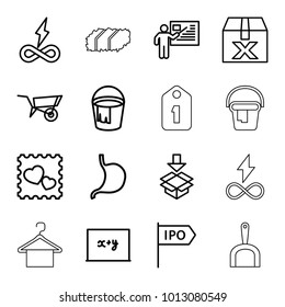 Empty icons. set of 16 editable outline empty icons such as wheel barrow, bucket, blackboard x+y, stomach, endless battery, question box, box, photo with heart, teacher