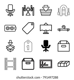 Empty icons. set of 16 editable outline empty icons such as office chair, garden bench, tag, hanger, shopping basket, box, endless battery, restaurant table, parcel