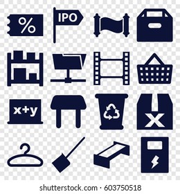 Empty icons set. set of 16 empty filled icons such as garden bench, table, dustpan, recycle bin, hanger, battery, direction, manuscript, shopping bag, storage, question box
