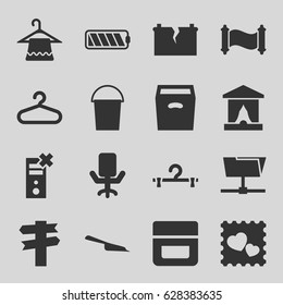 Empty icons set. set of 16 empty filled icons such as hanger, cream, dustpan, bucket, photo with heart, box, battery, broken battery, office chair, manuscript, stage