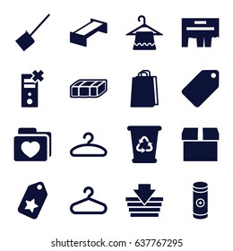 Empty icons set. set of 16 empty filled icons such as garden bench, tag, hanger, dustpan, recycle bin, shopping bag, folder with heart, battery, ad, shopping basket, box