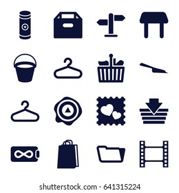 Empty icons set. set of 16 empty filled icons such as bucket, table, hanger, dustpan, shopping bag, folder, arrow up, photo with heart, battery, direction, endless battery