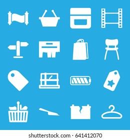Empty icons set. set of 16 empty filled icons such as parcel, cream, dustpan, shopping bag, chair, hanger, battery, broken battery, direction, manuscript, ad, tag, movie tape