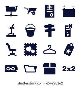 Empty icons set. set of 16 empty filled icons such as wheel barrow, bucket, hanger, office chair, folder, paper, no standing nearby, photo with heart, battery, endless battery