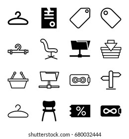 Empty icons set. set of 16 empty filled and outline icons such as paper, chair, hanger, endless battery, tag, office chair, direction, ticket on sale, shopping basket