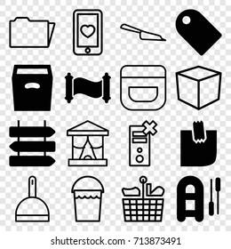Empty icons set. set of 16 empty filled and outline icons such as direction   isolated, box, glued note, manuscript, tag, cream, dustpan, bucket, heart mobile, folder