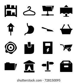 Empty icons set. set of 16 empty filled icons such as wheel barrow, dustpan, hanger, nesting house, stomach, arrow up, folder, glued note, restaurant table, battery, direction