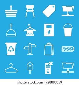 Empty icons set. set of 16 empty filled and outline icons such as tag, hanger, bucket, recycle bin, chair, battery, dustpan, shopping bag, nesting house, direction