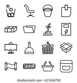 Empty icons set. set of 16 empty outline icons such as garden bench, bucket, cream, dustpan, office chair, folder, box, no standing nearby, glued note, restaurant table
