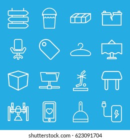Empty icons set. set of 16 empty outline icons such as direction   isolated, garden bench, table, dustpan, bucket, no standing nearby, heart mobile, hanger, restaurant table
