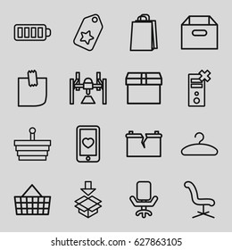 Empty icons set. set of 16 empty outline icons such as office chair, shopping bag, box, heart mobile, baterry, glued note, hanger, broken battery, shopping basket, tag