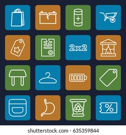 Empty icons set. set of 16 empty outline icons such as wheel barrow, table, tag, cream, recycle bin, shopping bag, paper, stomach, baterry, battery, hanger, broken battery