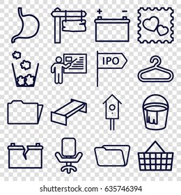 Empty icons set. set of 16 empty outline icons such as garden bench, hanger, bucket, folder, direction board, nesting house, stomach, photo with heart, battery, broken battery