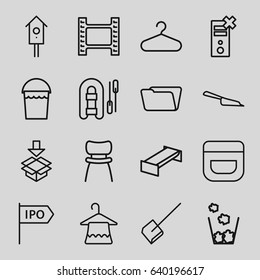 Empty icons set. set of 16 empty outline icons such as garden bench, cream, hanger, dustpan, bucket, folder, nesting house, box, chair, trash bin, direction, no charge
