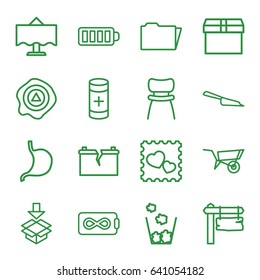 Empty icons set. set of 16 empty outline icons such as wheel barrow, dustpan, direction board, stomach, arrow up, box, photo with heart, baterry, battery, folder, chair