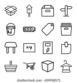 Empty icons set. set of 16 empty outline icons such as wheel barrow, table, tag, hanger, bucket, nesting house, box, glued note, battery, direction, shopping basket