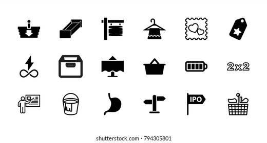 Empty icons. set of 18 editable filled and outline empty icons: hanger, tag, stomach, shopping bag, baterry, restaurant table, direction, bucket, blackboard, photo with heart