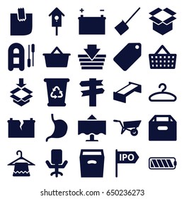 Empty icons set. set of 25 empty filled icons such as garden bench, wheel barrow, tag, hanger, dustpan, recycle bin, nesting house, stomach, box, glued note, restaurant table