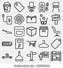 Empty icons set. set of 25 empty outline icons such as wheel barrow, tag, cream, dustpan, bucket, hanger, office chair, arrow up, box, chair, battery, broken battery, teacher