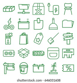 Empty icons set. set of 25 empty outline icons such as garden bench, cream, dustpan, bucket, shopping bag, direction board, box, no standing nearby, folder, chair, glued note