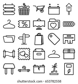 Empty icons set. set of 25 empty outline icons such as direction   isolated, wheel barrow, table, hanger, shopping bag, folder, nesting house, no standing nearby