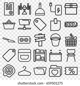 Empty icons set. set of 25 empty outline icons such as bucket, tag, cream, dustpan, hanger, folder, paper, arrow up, folder with heart, chair, glued note, battery, box