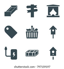 Empty icons. set of 9 editable filled empty icons such as garden bench, direction, nesting house, tag, shopping bag, battery