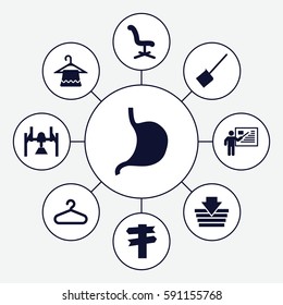 empty icons set. Set of 9 empty filled icons such as hanger, dustpan, office chair, stomach, teacher, box, direction