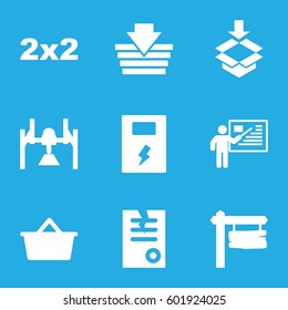 empty icons set. Set of 9 empty filled icons such as paper, direction board, box, battery, teacher, shopping bag, blackboard