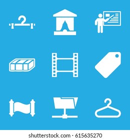 Empty icons set. set of 9 empty filled icons such as garden bench, tag, hanger, teacher, manuscript, movie tape, stage