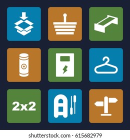 Empty icons set. set of 9 empty filled icons such as garden bench, hanger, box, battery, direction, inflatable boat, blackboard