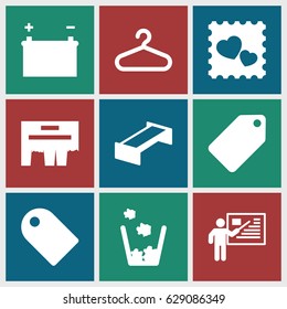 Empty icons set. set of 9 empty filled icons such as garden bench, tag, hanger, photo with heart, battery, teacher, trash bin