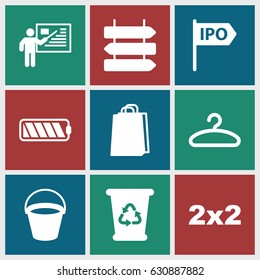 Empty icons set. set of 9 empty filled icons such as bucket, direction   isolated, recycle bin, shopping bag, hanger, battery, teacher, direction