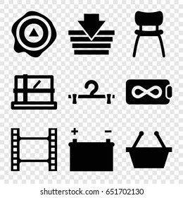 Empty icons set. set of 9 empty filled icons such as parcel, hanger, arrow up, chair, battery, endless battery, movie tape