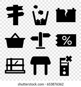 Empty icons set. set of 9 empty filled icons such as parcel, table, broken battery, direction, trash bin, shopping bag, ticket on sale