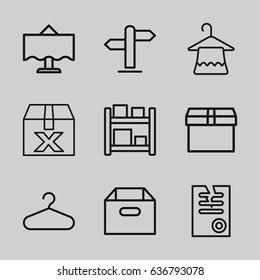 Empty icons set. set of 9 empty outline icons such as hanger, paper, restaurant table, direction, box, question box