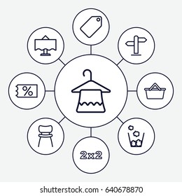 Empty icons set. set of 9 empty outline icons such as tag, hanger, chair, restaurant table, direction, trash bin, ticket on sale, blackboard