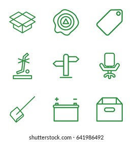 Empty icons set. set of 9 empty outline icons such as tag, dustpan, box, arrow up, no standing nearby, battery, office chair
