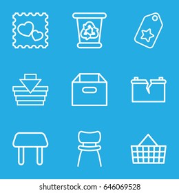 Empty icons set. set of 9 empty outline icons such as table, recycle bin, photo with heart, chair, broken battery, shopping basket, tag, box
