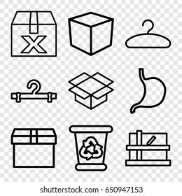 Empty icons set. set of 9 empty outline icons such as parcel, recycle bin, hanger, stomach, box