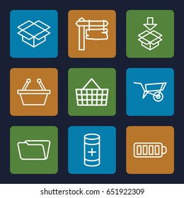 Empty icons set. set of 9 empty outline icons such as wheel barrow, folder, direction board, box, baterry, battery, shopping basket