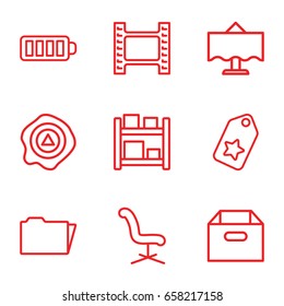 Empty icons set. set of 9 empty outline icons such as office chair, arrow up, baterry, folder, restaurant table, tag, box, movie tape