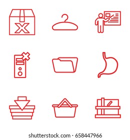 Empty icons set. set of 9 empty outline icons such as parcel, folder, stomach, hanger, teacher, shopping basket, question box, no charge