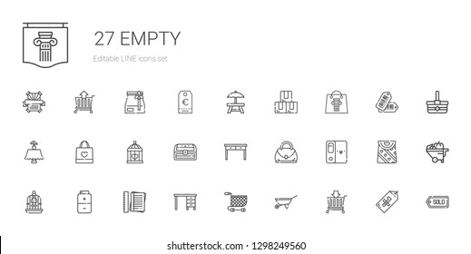 empty icons set. Collection of empty with basket, wheelbarrow, shopping cart, table, notes, battery, bird cage, folder, hand bag, chest, cage. Editable and scalable empty icons.