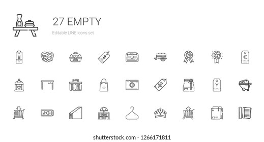 empty icons set. Collection of empty with cart, crown, hanger, chair and table, folder, battery, basket, paper bag, tag, shopping bag, shopping basket. Editable and scalable empty icons.
