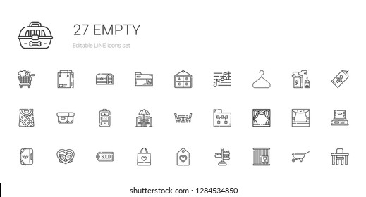 empty icons set. Collection of empty with crate, signpost, tag, shopping bag, frame, folder, stage, table, chair and table, battery, box, bag. Editable and scalable empty icons.